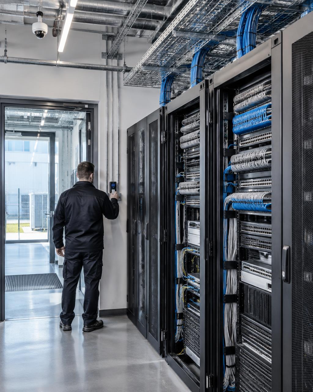 Integrated network cabinets, structured cabling and access control in a technical facility
